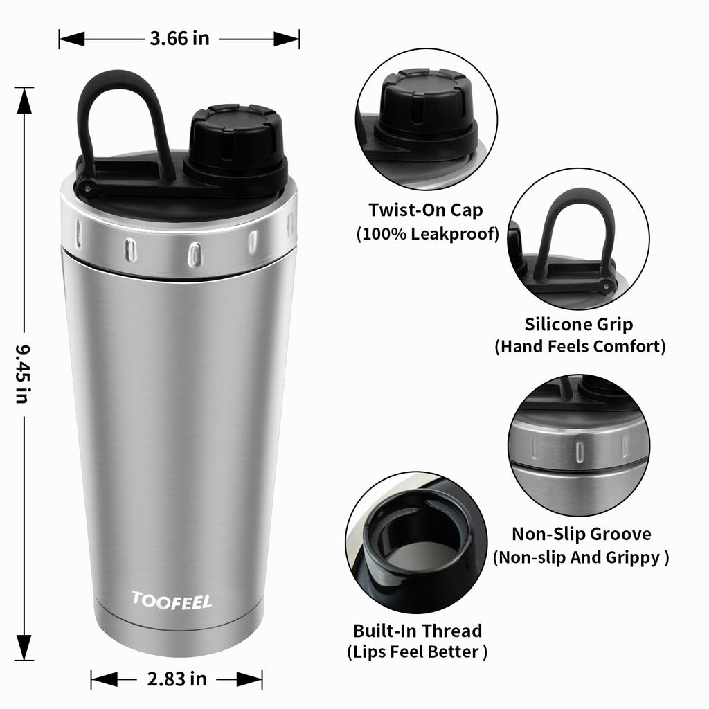 TOOFEEL Protein Shaker Bottle 20 oz - Double Walled Insulated Vacuum Cup for Protein Shakes, Keeps Cold/Hot, Metal Stainless Steel, Preworkout Gym