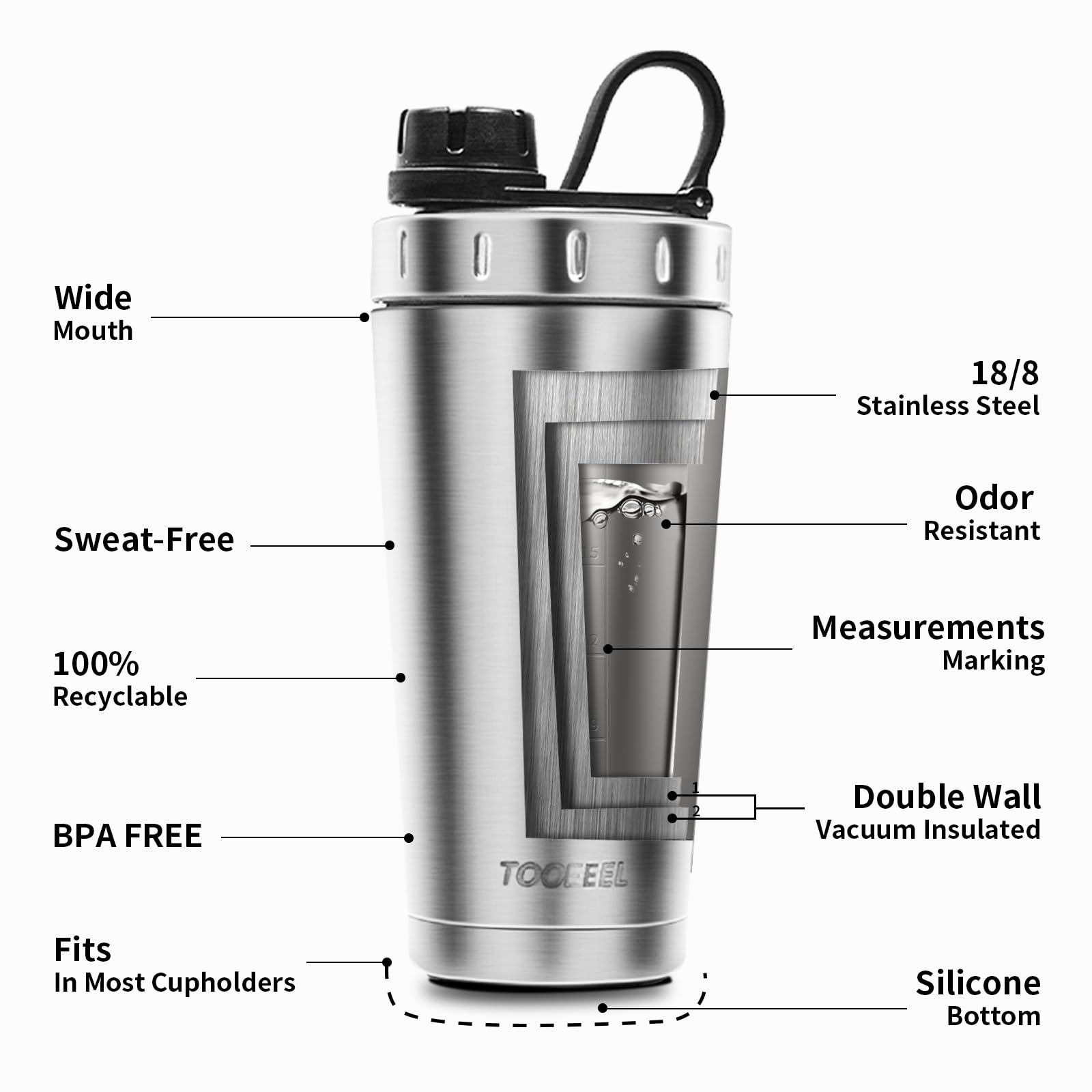 TOOFEEL Protein Shaker Bottle 20 oz - Double Walled Insulated Vacuum Cup for Protein Shakes, Keeps Cold/Hot, Metal Stainless Steel, Preworkout Gym
