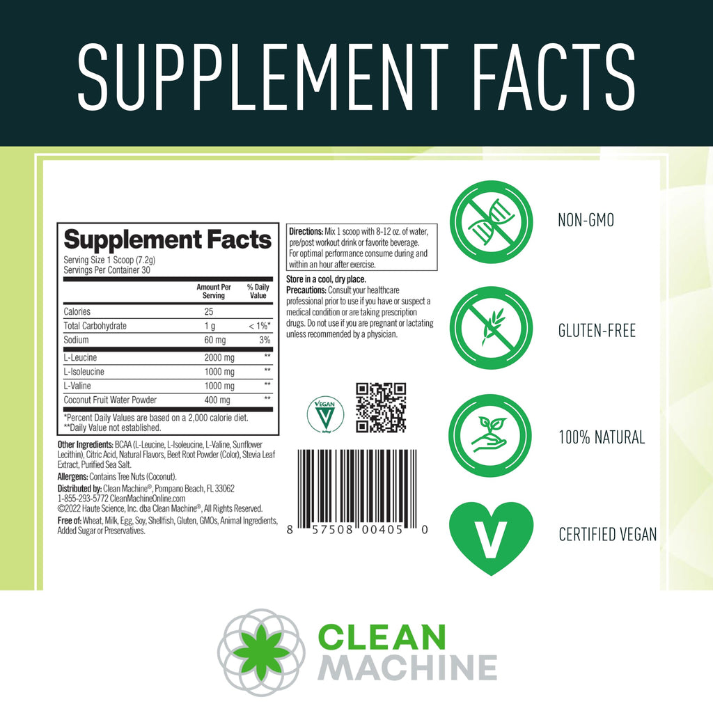 Clean BCAA - 2:1:1 Food Sourced BCAAs Powder & Coconut Water Electrolytes Recovery & Amino Energy Supplement - Award Winning Vegan Amino Acid Supplement - 30 Servings (30, Fruit Punch)