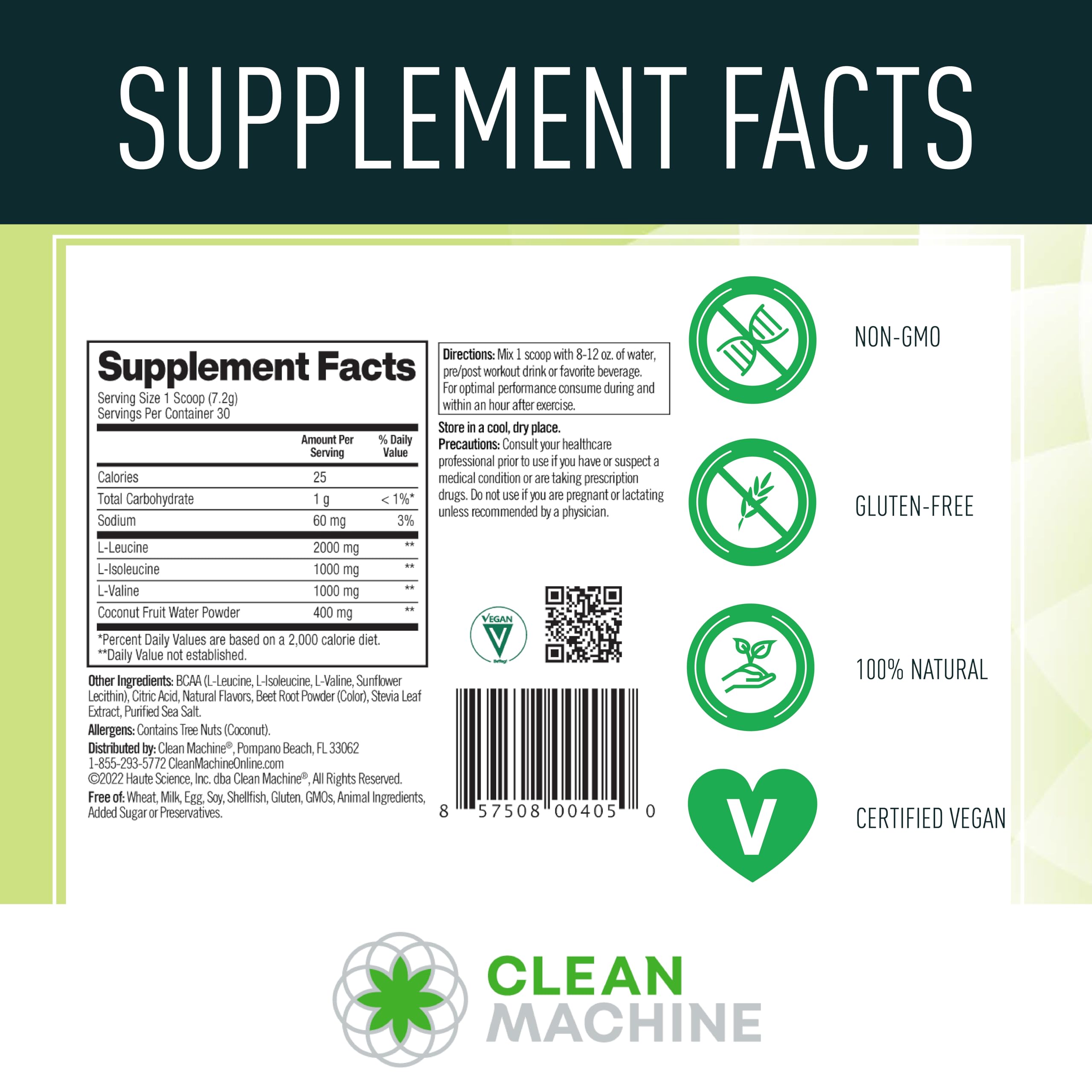 Clean BCAA - 2:1:1 Food Sourced BCAAs Powder & Coconut Water Electrolytes Recovery & Amino Energy Supplement - Award Winning Vegan Amino Acid Supplement - 30 Servings (30, Fruit Punch)